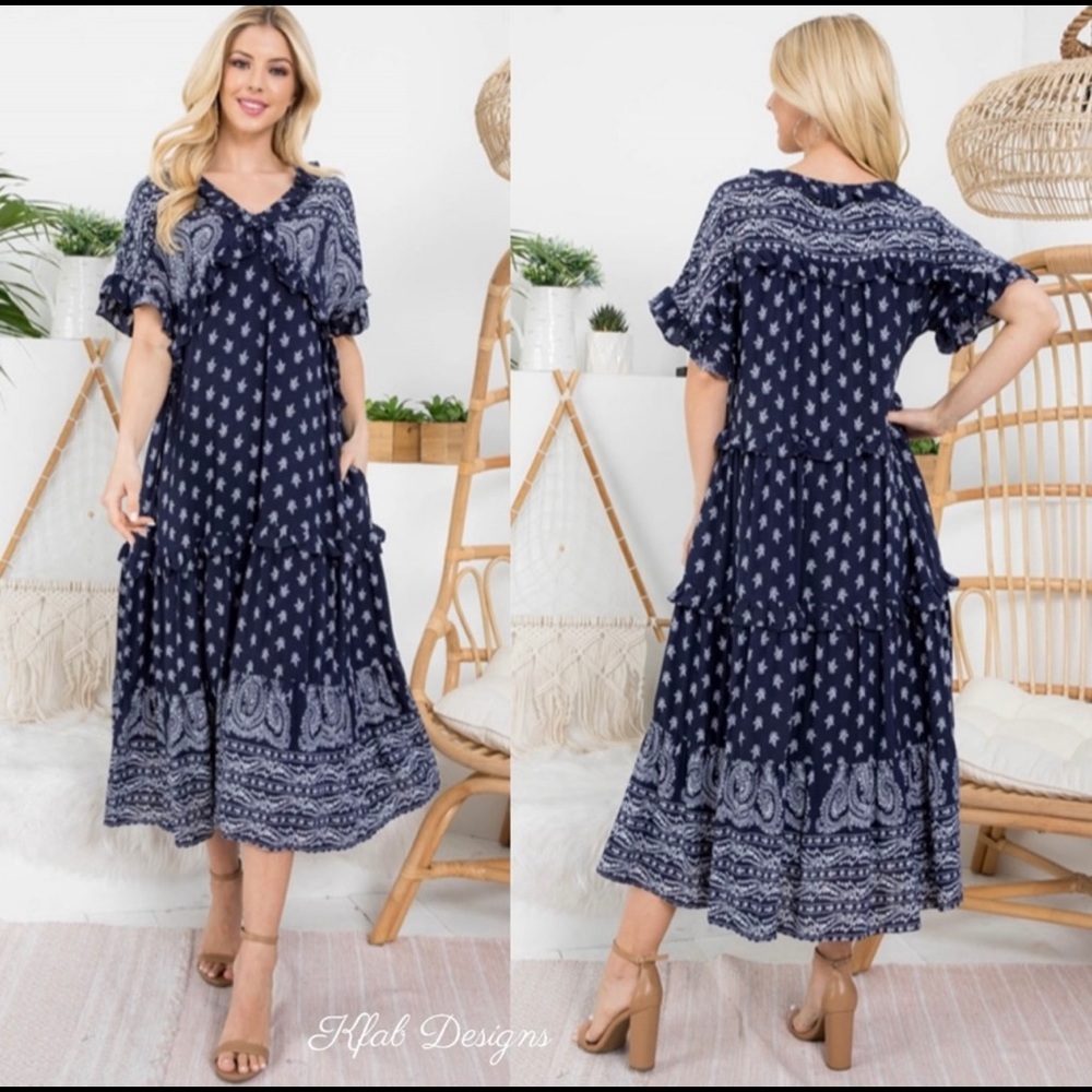 New! Sale 🎉 Navy Paisley Border Midi Dress Lined With Pockets Ruffles Hem